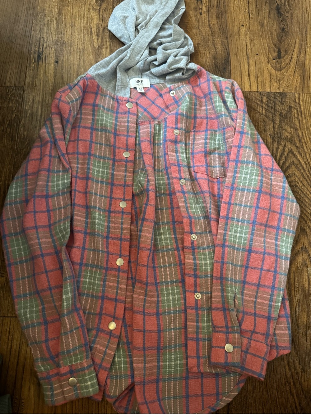BKE Coral and Green Plaid Button-Down Shirt with Hood